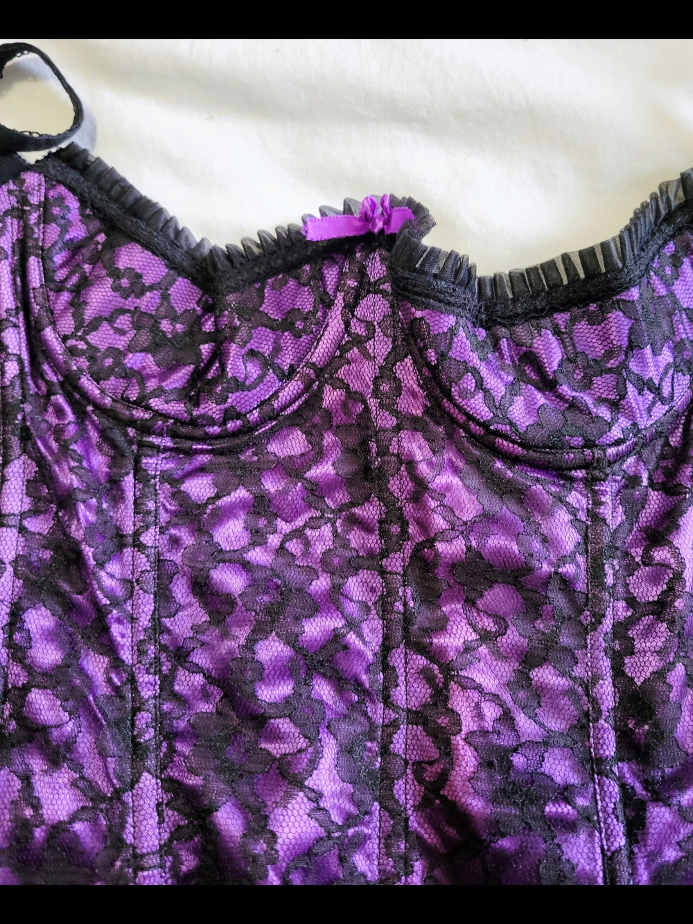 Vintage Fredericks of Hollywood Purple and Black Lace Bustier with Garter Straps - Picture 7 of 11